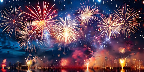 A beautiful display of colorful fireworks lighting up the night sky over water.