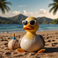 Obraz premium Rubber duck chill on the beach