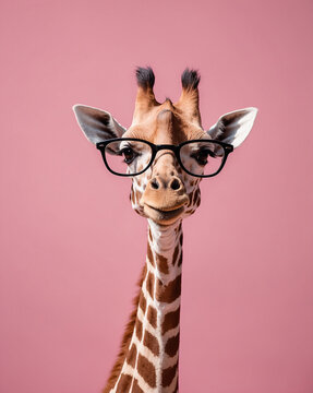 Giraffe Wearing Glasses on a Pink Background