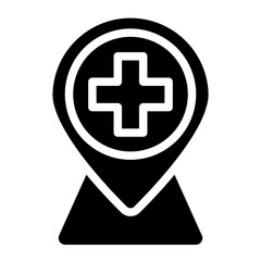hospital location map pointer, cross icon with location pin isolated on white background, vector marker, first aid sign