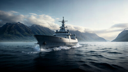 Modern navel frigate ship in the sea