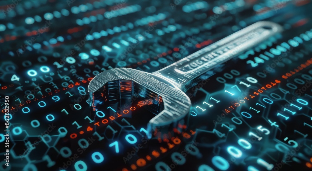Poster silver wrench on digital binary code background
