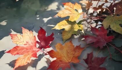 Photorealistic close-up shot of autumn leaves at dawn, macro shot in soft morning light, Art. Generative AI, Generative, AI