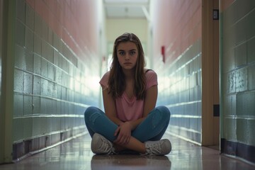 Teenage academic stress: girl in school corridor showing learning difficulties