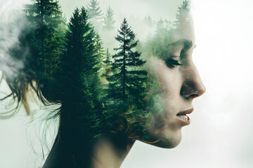 "Double Exposure: Woman's Face and Green Forest"