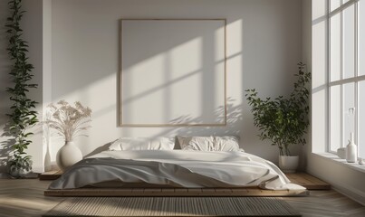 Minimalist bedroom with an empty canvas on the wall