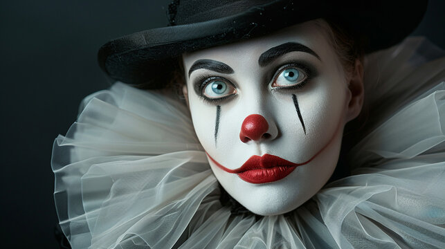Clown with white face and black hat. 