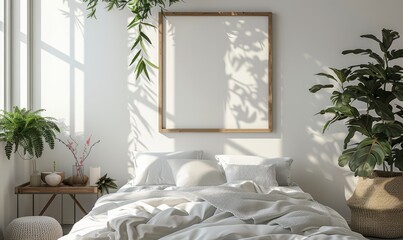 Minimalist bedroom with an empty frame on the nightstand
