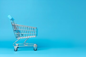 Closeup of minimalist chrome and plastic shopping cart on blue background. Empty trolley.
