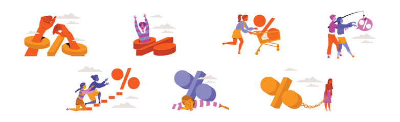 People Characters with Percentage Sign as Interest Rate Vector Set