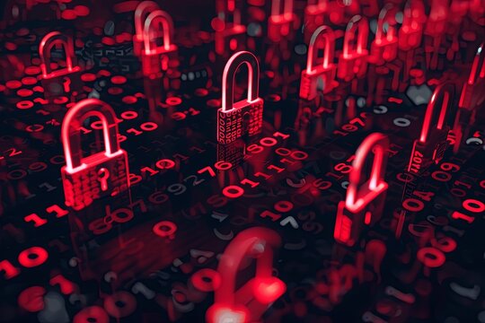 Data security represented by multiple white and red padlocks on dark background with code.