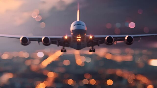 Avion sobre volando una gran ciudad con fondo desenfocado de atardecer y luces urbanas intentado aterrizar. Concepto viajes