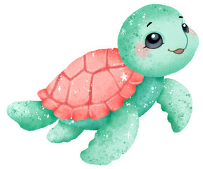 Watercolor Hand drawn illustration underwater animals Cute Turtle turtoise marine wild life children clip art for textile, decoration, posters, inviation, greeting cards