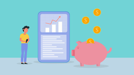 businessman hanging phone with static graphs and piggy bank, business growth concept, long-term investment concept, Start invest in stock market, begin savings to achieve financial goal illustration.