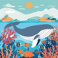 World Whale Day. Flat vector illustration of blue whale. Decorative cute illustration for children. Sea animals. Underwater world. Marine sealife. Vector graphic for print, card, logo, poster, banner.