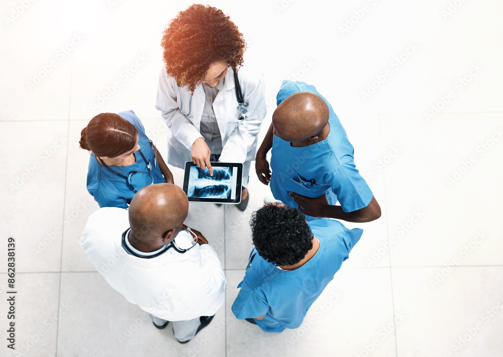 Canvas Prints Top view, doctors and group with tablet screen, x ray and teamwork for surgery analysis in hospital. Wellness, medical and professional people with tech, advice and collaboration for healthcare