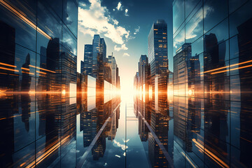 Fototapeta premium Reflective skyscraper business office buildings. Bottom up view of big modern city urban landscape.