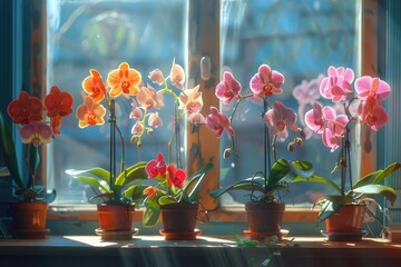 Beautiful colorful orchid flower in pots on windowsill