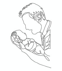 Parent with child in continuous one line drawing artistic style. Father's day card, Modern vector illustration, man holding her baby.