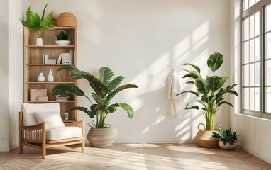 Modern interior design of a living room with a white wall mock up and armchair, a window on the right side