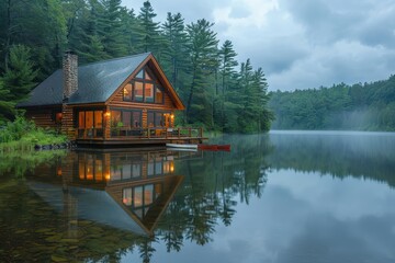 Obraz premium A peaceful Canadian lakeside cabin with a wooden deck, canoes, and towering pine trees reflected in the water. 