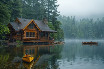 Fototapeta premium A peaceful Canadian lakeside cabin with a wooden deck, canoes, and towering pine trees reflected in the water. 