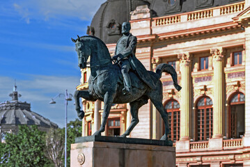 The equestrian statue of  king Carol I on Piața Palatului (Revolution square) in front of  the library of "Carol I University Foundation" in Bucharest, Romania