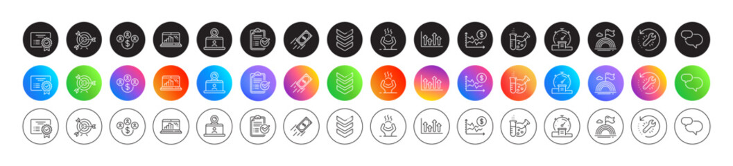 Target, Lgbt and Certificate line icons. Round icon gradient buttons. Pack of Timer, Graph laptop, Dollar rate icon. Buying currency, Recovery tool, Difficult stress pictogram. Vector