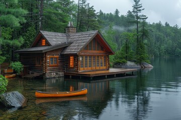 Obraz premium A peaceful Canadian lakeside cabin with a wooden deck, canoes, and towering pine trees reflected in the water. 