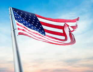 Low angle view of American flag against scenic view of blue sky. 3d rendering illustration