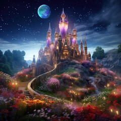 Obraz premium Enchanted Moonlit Castle - A Mystical Realm Amidst Flourishing Gardens