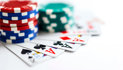 gambling chips and poker cards on white background. copy space