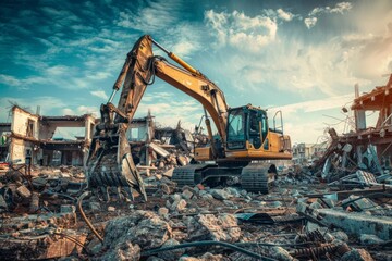 An excavator is tearing down a building at a construction site, involving heavy machinery, debris, and demolition work