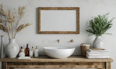 Fototapeta premium Serene bathroom with an empty frame above the vanity