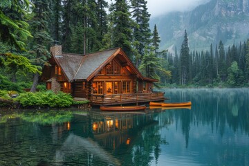 Obraz premium A peaceful Canadian lakeside cabin with a wooden deck, canoes, and towering pine trees reflected in the water. 