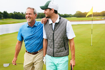 Men, smile and family for golf sport outdoor for fitness challenge, physical activity or support of...