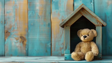Bear sitting in wooden house with blue background