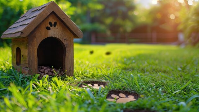Wooden doghouse with paw prints on grass in sunny backyard