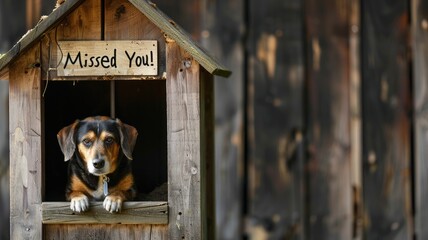 Dog in wooden doghouse with "Missed You!" sign