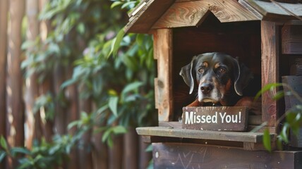 Black and brown dog in wooden doghouse with "Missed You!" sign
