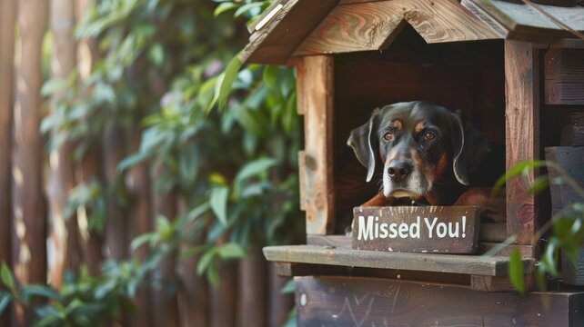Black and brown dog in wooden doghouse with "Missed You!" sign