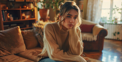 Obraz premium Thoughtful woman with light brown hair sitting on sofa in cozy, sunlit room