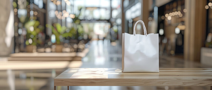 A Still Life of Elegance. A Stylish Shopping Bag Enhancing the Beauty of a Wooden Table
