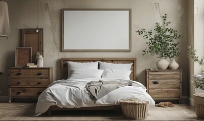 Rustic bedroom with a blank canvas on the dresser