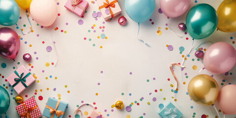 Bright stock photo of a birthday party scene with multicolored balloons and various gift boxes, arranged on the left side of the frame, providing ample copy space on the right for text