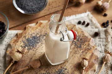 Homemade vegan poppy seed milk in a glass bottle with paper straw. Zero waste.
