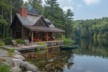 Obraz premium A peaceful Canadian lakeside cabin with a wooden deck, canoes, and towering pine trees reflected in the water. 