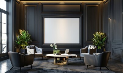 Elegant office with a blank screen on the wall