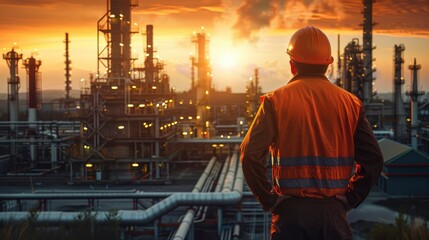 Male engineer in work clothes and safety helmet stands with his back against backdrop of oil refinery. Industry, large oil and gas production plant. Beautiful sunset lighting