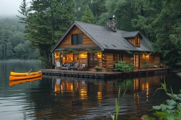 Fototapeta premium A peaceful Canadian lakeside cabin with a wooden deck, canoes, and towering pine trees reflected in the water. 